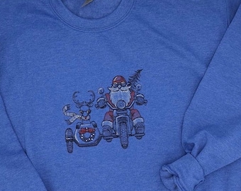 Embroidered Christmas Jumper , Christmas Sweatshirt , Blue Xmas Jumper - Santa Reindeer Sweater -