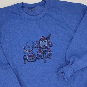 Embroidered Christmas Jumper , Christmas Sweatshirt , Blue Xmas Jumper - Santa Reindeer Sweater -