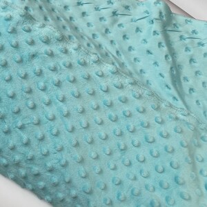 May include: A close-up of a light blue minky fabric with a textured dot pattern. The fabric is soft and plush.