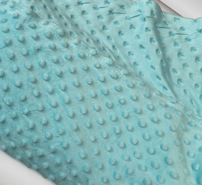 May include: A close-up of a light blue minky fabric with a textured dot pattern. The fabric is soft and plush.
