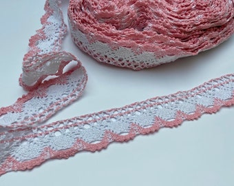 4cm Spitzenbesatz - Rosa und weiße Spitze - Borte - Cluny Lace - Bestickte Spitze - Bastelspitze - Rosa Spitzenbesatz - Spitze pro Meter