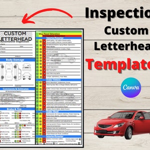 May include: A customizable automotive inspection form template with a red, white, and blue color scheme. The form includes sections for body damage, comments and estimates, brake and tire, under vehicle, under hood, and interior/exterior. The template is designed for use by automotive professionals.