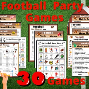 May include: A set of 30 printable football party games. The games include trivia, word searches, bingo, and more. The games are perfect for a football party or tailgate.