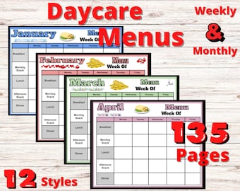 Daycare Preschool Lunch, Snack, Meal Menus, Monthly Menus, Daycare , Meal Planner Editable