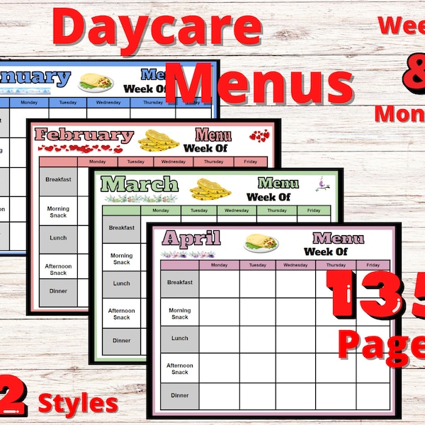 Daycare Preschool Lunch, Snack, Meal Menus, Monthly Menus, Daycare , Meal Planner Editable