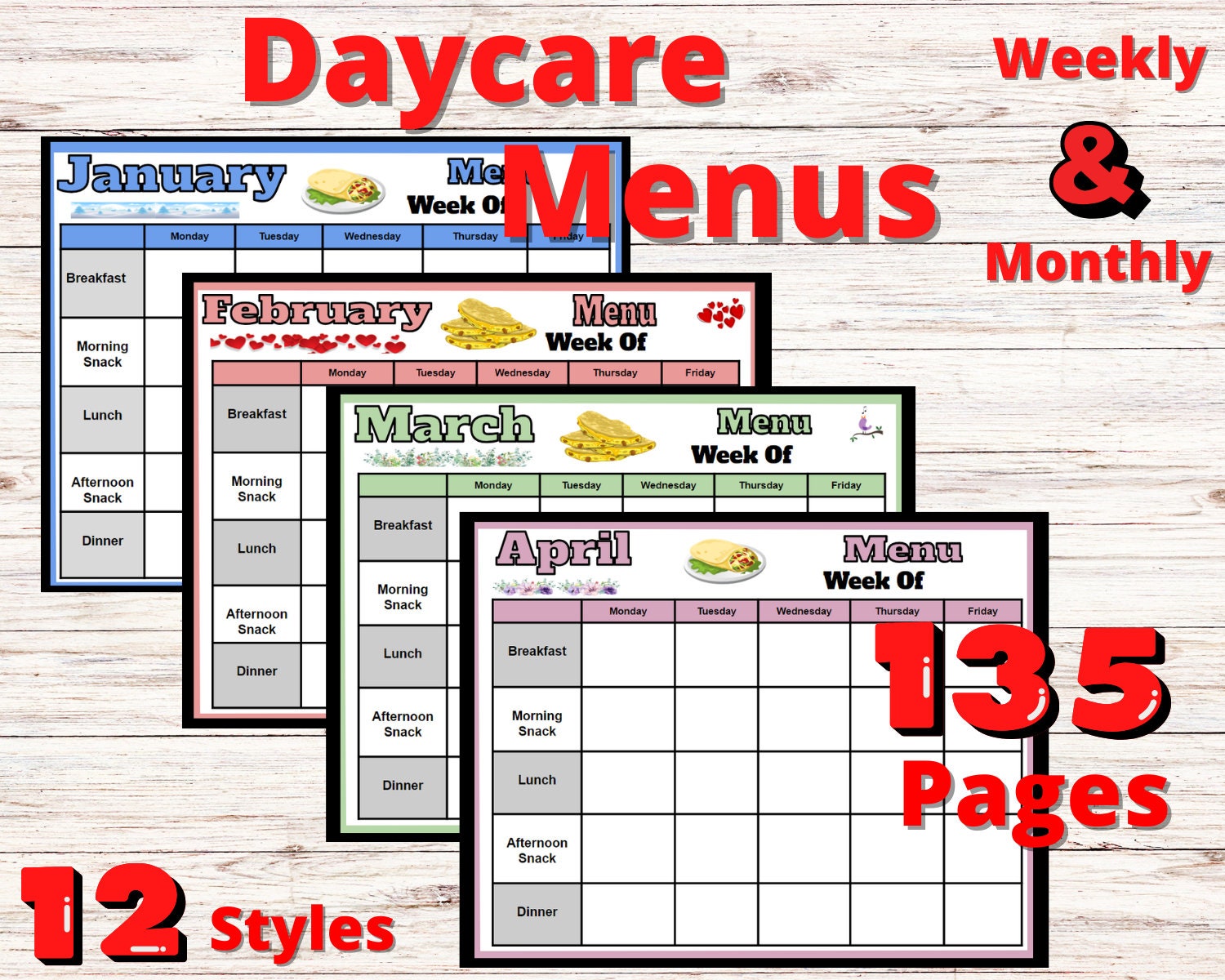 Daycare Weekly Menu Editable Monthly Menus Preschool Menu - Etsy