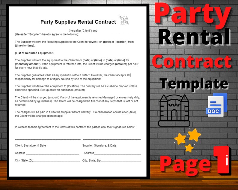 Party Supply Rental Contract, Party Supply Contract, Agreement, Simple