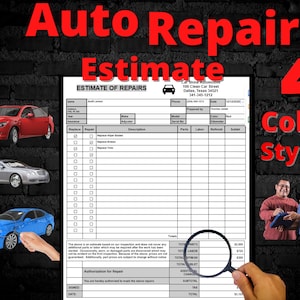 May include: A black and white auto repair estimate form with a grid for listing parts, labour, and refinishing costs. The form has a section for authorisation for repair with a signature line and date. The form is titled "Estimate of Repairs" and is from "Car Shine Automotive".