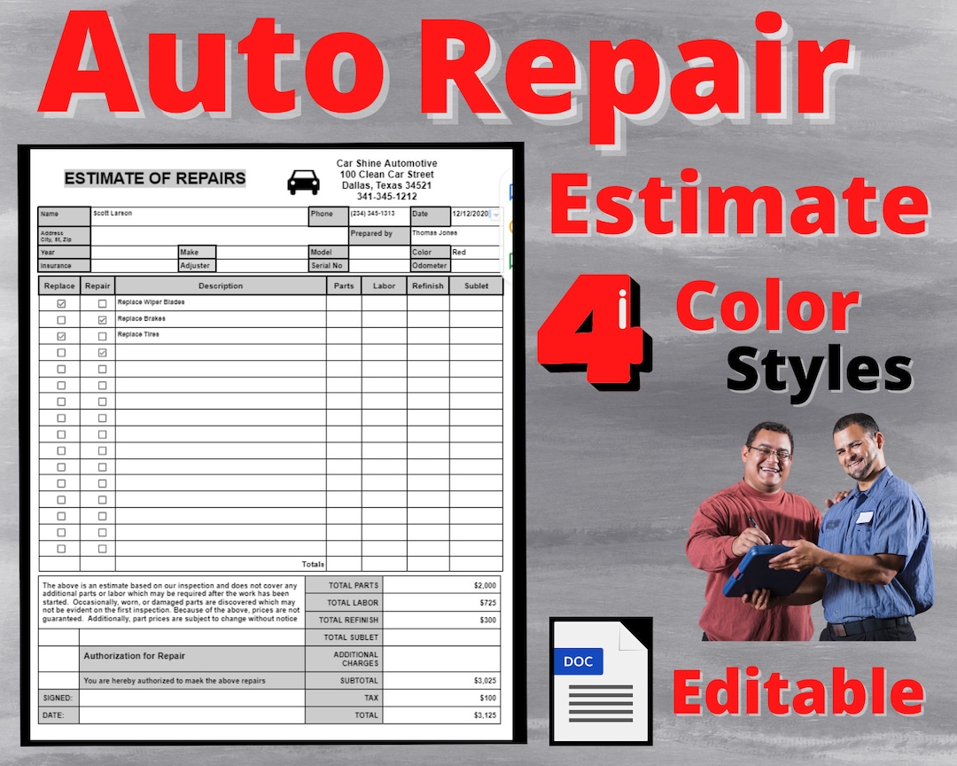 Auto Repair Estimate Body Shop Estimate Auto Body Estimator Etsy