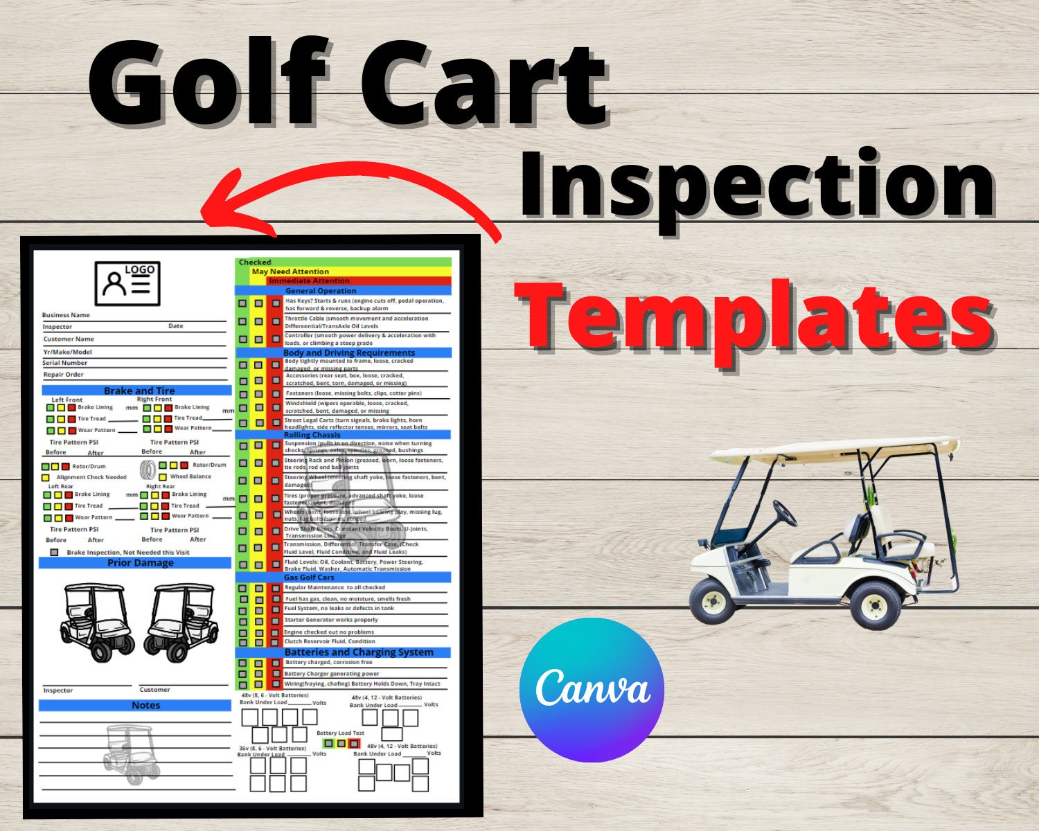 Golf Cart Inspection Report Checklist, Golf Cart Rental Check In, Daily