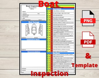 May include: A printable boat inspection checklist template with sections for boat exterior, boat damage, comments and notes, recommendations, and boat motor. The checklist includes a color-coded system for rating the condition of each item. The template is available in PDF and PNG formats.