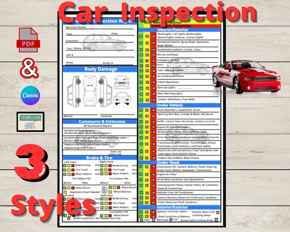 Vehicle Inspection Report Car Checklist Automotive Inspections Worksheet PDF Template Repair Tracker Log