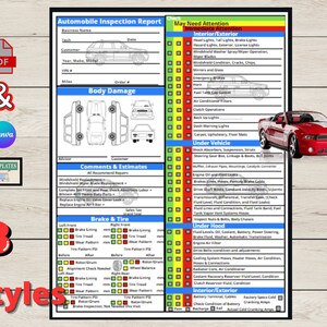 May include: A printable automobile inspection report checklist with a red, yellow, and green color scheme. The checklist includes categories for interior/exterior, under vehicle, under hood, brake & tire, and interior/exterior. The report includes a section for comments and estimates.
