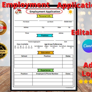 Daycare Employee Application, Childcare Printable Employee Form, Editable Canva, Preschool, In Home
