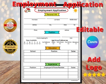 Daycare Employee Application, Childcare Printable Employee Form, Editable Canva, Preschool, In Home