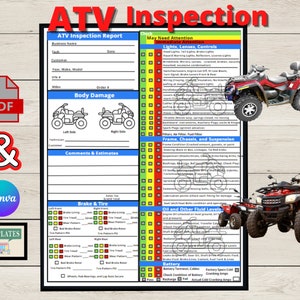 ATV Inspection Checklist, Multi-point, Maintenance, ATV, UTVs, Inspection Log Tracker, Editable & PDF