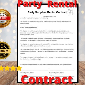 Party Supply Rental Contract, Party Supply Contract, Agreement, Simple Venue Party Provider Form, Editable