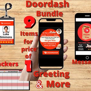 May include: A Doordash bundle set featuring a delivery driver ID badge for Luke Simmons, a smartphone displaying a greeting message, a smartphone showing an order arrival notification for Jason, and a delivery tracker spreadsheet with red and white grids.