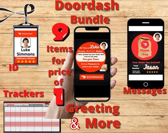 Puede incluir: Un conjunto de paquete Doordash que incluye una tarjeta de identificación de conductor para Luke Simmons, un teléfono inteligente con un mensaje de saludo, un teléfono con una notificación de llegada para Jason y una hoja de seguimiento de entregas.