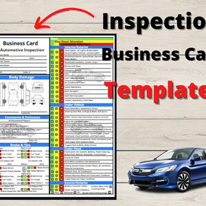 May include: A printable business card template for automotive inspections. The template includes sections for customer information, vehicle details, body damage, comments and estimates, brake and tire inspection, under vehicle, under hood, and interior/exterior. The template is designed to be used by automotive professionals to document vehicle inspections.