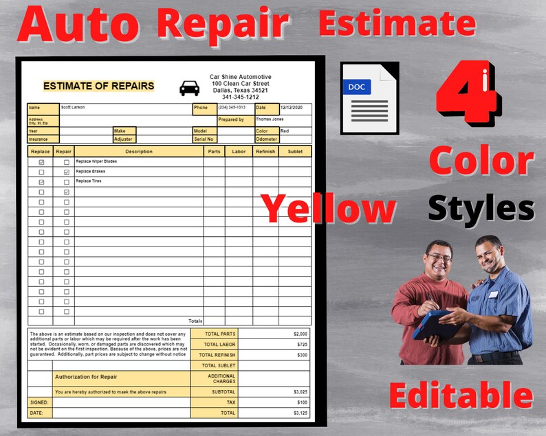 Auto Repair Estimate Body Shop Estimate Auto Body Estimator Etsy