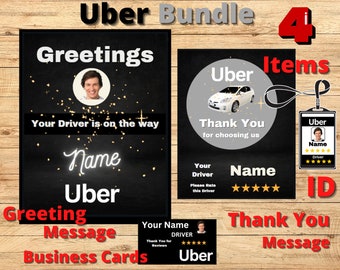 Uber Driver ID Badge, Driver Business Card, Driver, Personalized Greeting and Thank You Messages Bundle