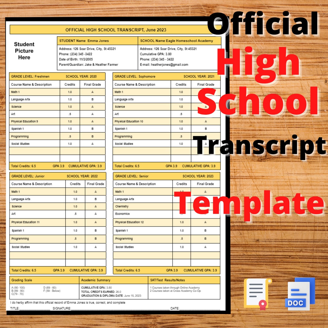 High School Transcript Editable Fillable Template, Homeschool ...