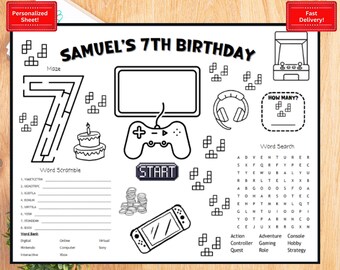 Gaming Birthday Activity Sheet Party Printable Favor Gamer Sheet Personalized