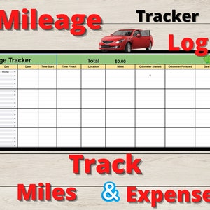 May include: A printable mileage tracker log with a red car graphic. The log has columns for day, date, time start, time finish, location, total miles, odometer started, odometer finished, and gas paid. The log is designed to track miles and expenses.
