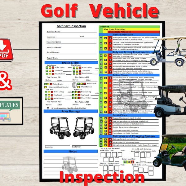 Golf Cart Inspection Report Checklist, Golf Cart Rental Check In, Daily Inspection Checklist, Electric Golf Cart Multi Point