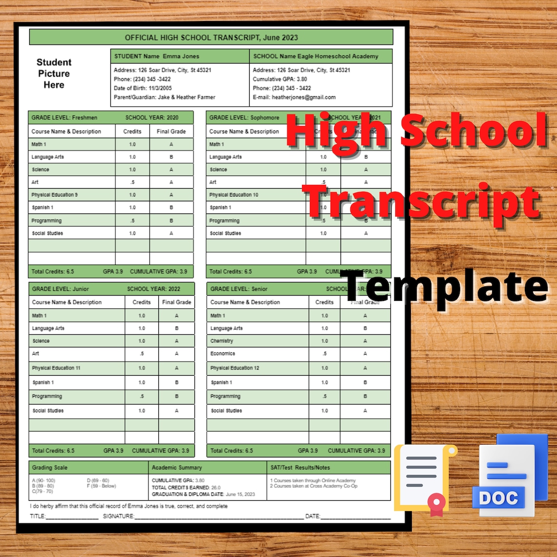 High School Transcript Editable Fillable Template, Homeschool ...