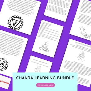May include: A colorful digital illustration of a chakra learning bundle. The image features a purple background with various white and black illustrations of chakras, mudras, and symbols. The text "CHAKRA LEARNING BUNDLE" is displayed in a blue box with a white outline. The text "DOWNLOAD NOW" is displayed in a white box with a blue outline.
