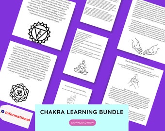 May include: A colorful digital illustration of a chakra learning bundle. The image features a purple background with various illustrations of chakras, including the crown chakra, the third eye chakra, and the root chakra. The text "CHAKRA LEARNING BUNDLE" is displayed in a white box with a blue button that says "DOWNLOAD NOW".