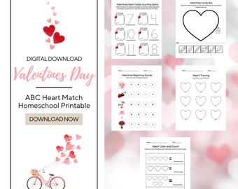 May include: A digital download Valentines Day ABC Heart Match homeschool printable set featuring five activity sheets with heart-themed counting, tracing, and letter sound exercises, plus a pink bicycle illustration with heart-shaped balloons.