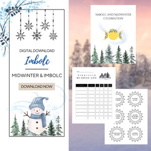 Può includere: Download digitale per le celebrazioni di Imbolc e del solstizio d'inverno. L'immagine presenta un pupazzo di neve in una scena di bosco invernale, un registro di lettura stampabile e un grafico con un simbolo di luna e sole.