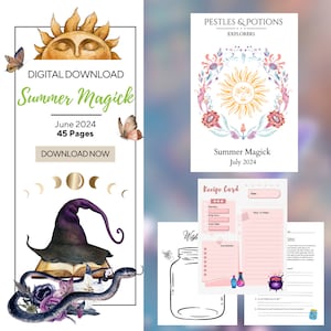 Può includere: Un download digitale per un planner Summer Magick di 45 pagine. La copertina presenta un sole con un occhio chiuso, circondato da fiori e una farfalla. Il testo "Summer Magick" è scritto in un carattere fantasioso. Il planner è disponibile per il download a giugno 2024.