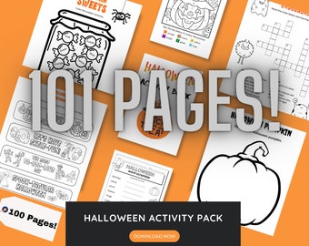May include: A Halloween activity pack with 101 pages of coloring pages, word searches, and other activities. The cover features a black and white illustration of a pumpkin.