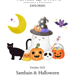 May include: A whimsical Halloween-themed illustration featuring a yellow crescent moon, a black cat, and a friendly ghost wearing a witch hat. Other elements include pumpkins, a skull, and a bat. The text reads "Pestles & Potions Explorers" and "Samhain & Halloween".