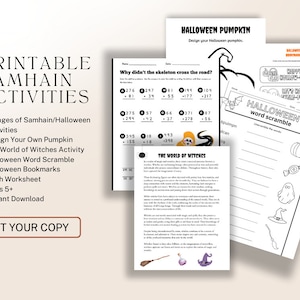 May include: A set of five printable activity sheets featuring Halloween and Samhain themes. The pages include a math worksheet titled Why didn't the skeleton cross the road, a Design Your Own Pumpkin page, Halloween bookmarks, and a word scramble.