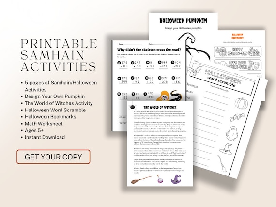 Halloween Activity Pages, Halloween Activity Printable, Printable Halloween Activity, Homeschool Worksheets for Halloween and Samhain