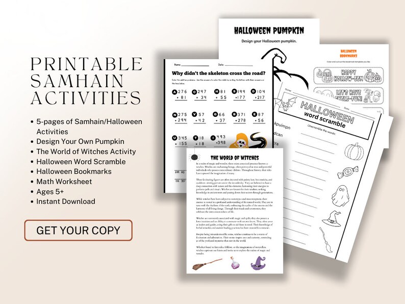 May include: A set of five printable activity sheets featuring Halloween and Samhain themes. The pages include a math worksheet titled Why didn't the skeleton cross the road, a Design Your Own Pumpkin page, Halloween bookmarks, and a word scramble.