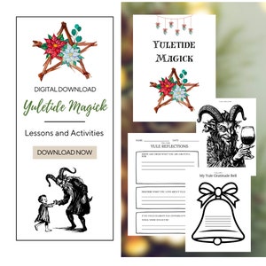 Può includere: Un download digitale per lezioni e attività di Magia di Yule. L'immagine presenta un'illustrazione ad acquerello di una stella fatta di ramoscelli con fiori rossi e bianchi, un'illustrazione in bianco e nero di un Capro di Yule e un foglio di lavoro stampabile con il testo "Riflessioni di Yule" e "La mia Campana di Gratitudine di Yule".