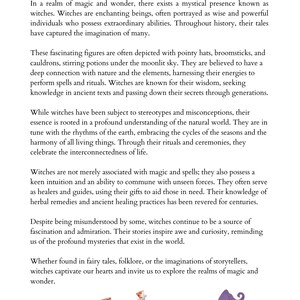 May include: A document titled THE WORLD OF WITCHES featuring a black spider illustration at the top left. The text describes witches, magic, and nature. At the bottom, there is a brown broomstick, a purple potion bottle, and a purple pointy hat.