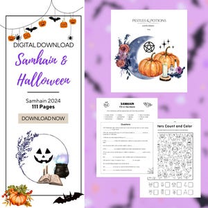 Può includere: Download digitale con illustrazioni a tema Samhain e Halloween. Include zucche, una luna crescente e composizioni floreali. Include anche pagine di attività con domande da completare e un gioco di conta e colora.