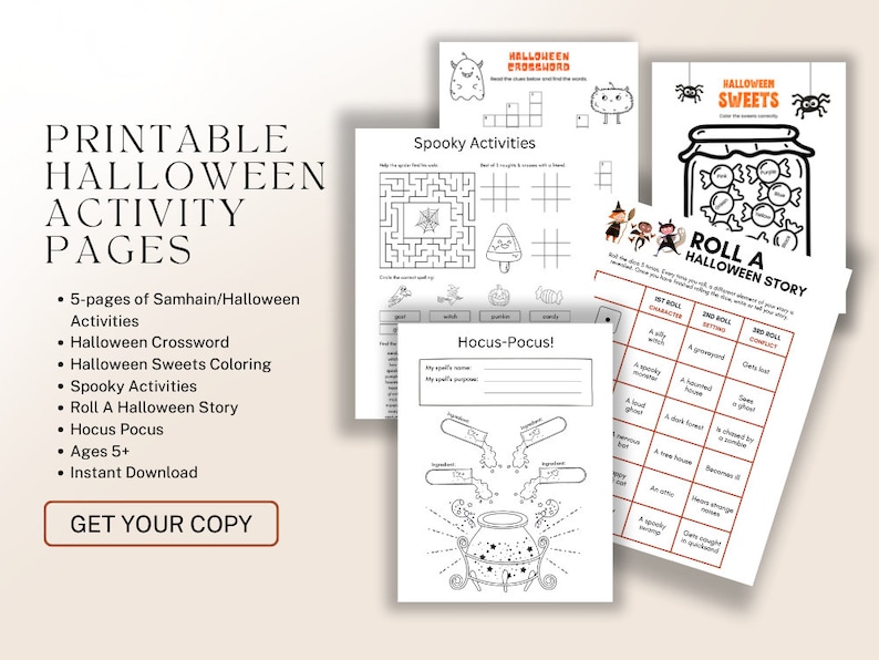 May include: Printable Halloween activity pages for kids. Includes a crossword puzzle, coloring page, spooky activities, a roll-a-halloween-story game, and a Hocus Pocus activity.  Ages 5+.