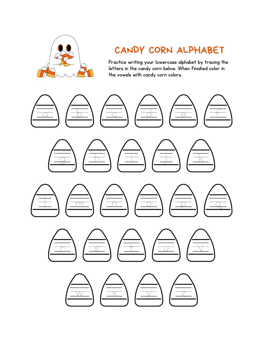 Halloween Candy Corn Alphabet Tracing Practice Worksheet Activity for