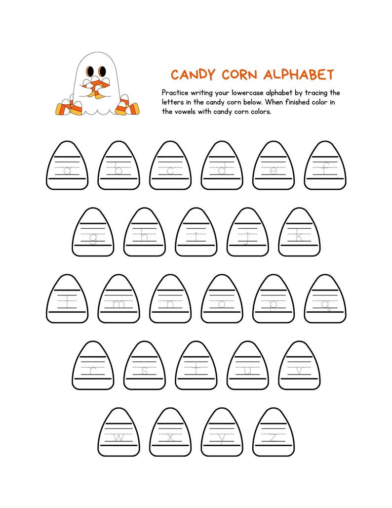 Halloween Candy Corn Alphabet Tracing Practice Worksheet Activity for