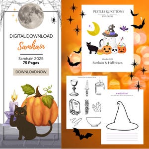 May include: Digital download featuring a full moon, a black cat, a pumpkin, and the text "Samhain 2025". Additional pages include illustrations of a witch hat, a ghost, and other Halloween-themed elements. The text reads "Pestles & Potions Explorers".