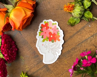 Head Full of Flowers - Vinyl Sticker Plant Lady flair Flower stickers