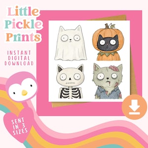 May include: A square print featuring four cartoon cats in Halloween costumes: a white ghost cat, a black cat inside a pumpkin, a skeleton cat, and a zombie cat with exposed brain and tattered clothing. The text Little Pickle Prints is visible.